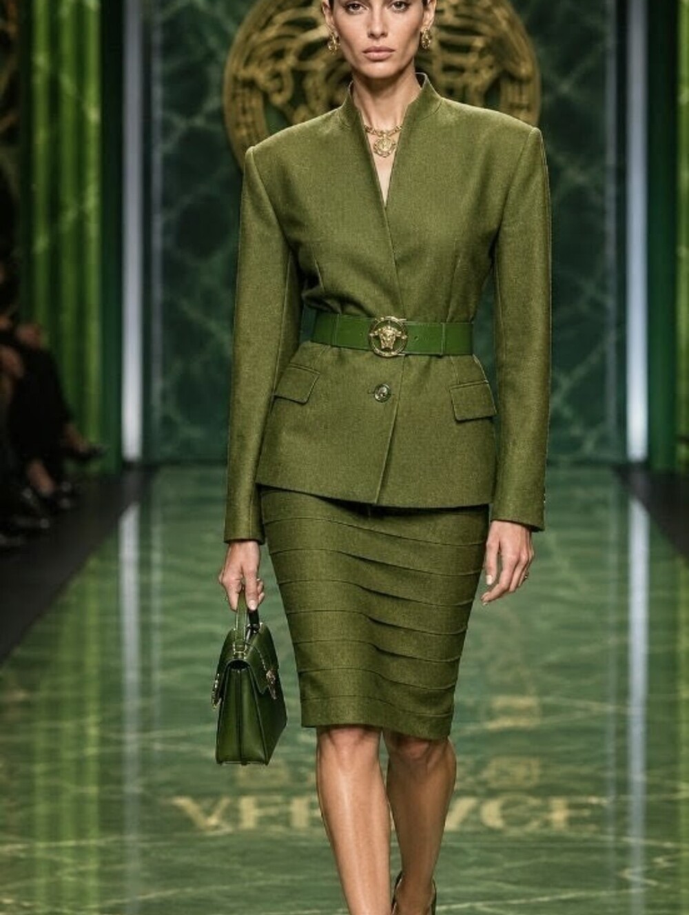 Gianni Versace 42 6 Olive Green Wool Rare Tailored Vtg Skirt Suit Belt.